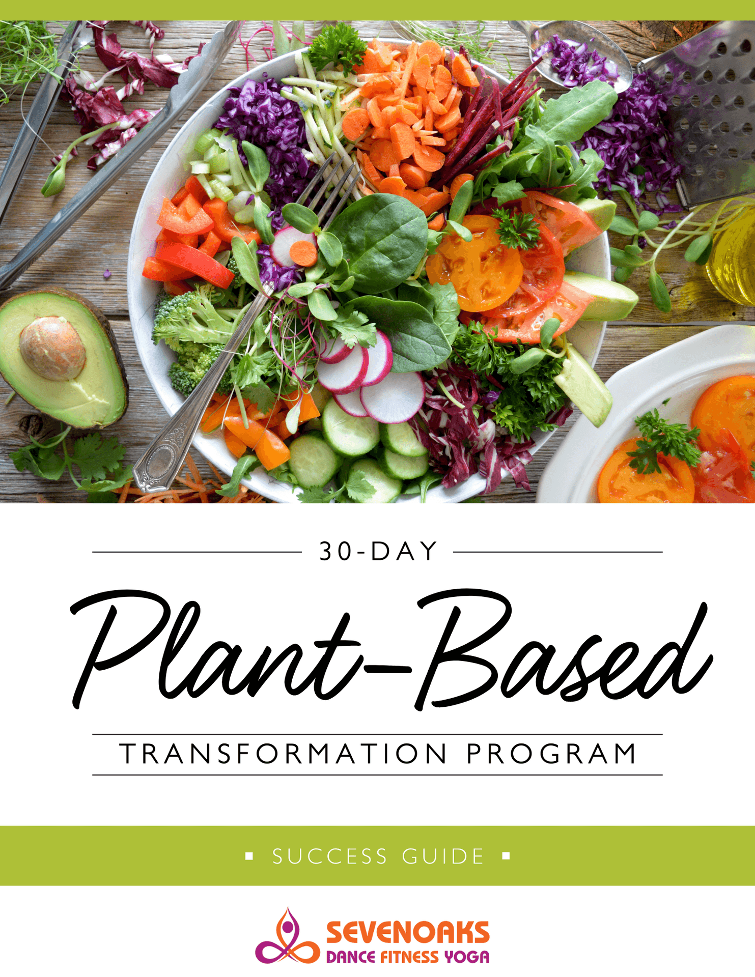 30-Day Plant-Based Transformation Program success guide cover featuring a vibrant salad bowl with fresh vegetables.